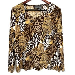 Additions by Chicos Womens Size 2 LARGE Safari Leopard Formal Blouse Shirt Top